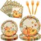 96 Pcs Thanksgiving Pumpkin Tableware Set - Paper Plates, Napkins, and Forks - Serves 24